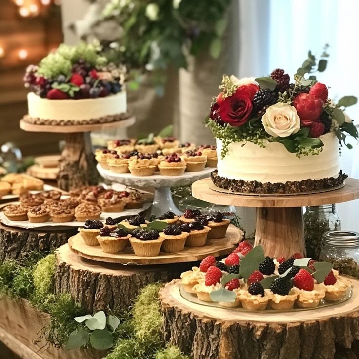 a table topped with cakes and pies on top of wooden slices covered in greenery