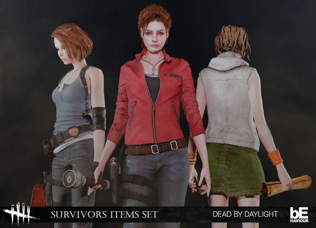 three female characters standing next to each other in front of a dark background with text that reads, survivor items set dead daylight