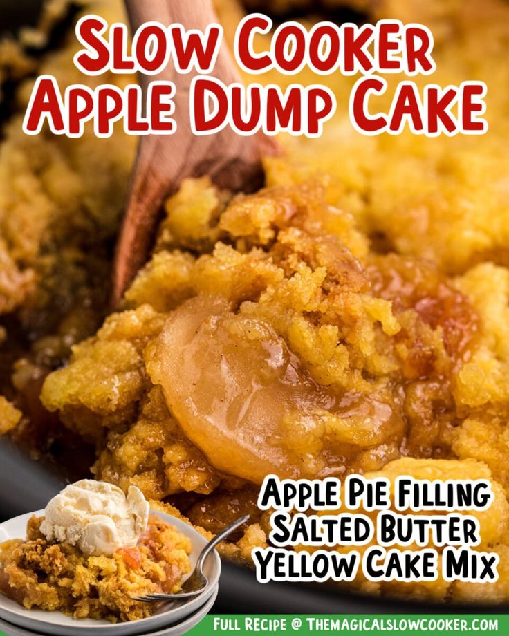 a close up of a plate of food with the words slow cooker apple dump cake