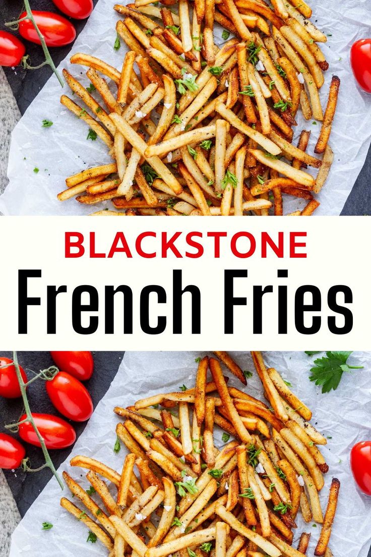 black stone french fries with tomatoes and parsley on the side, next to them