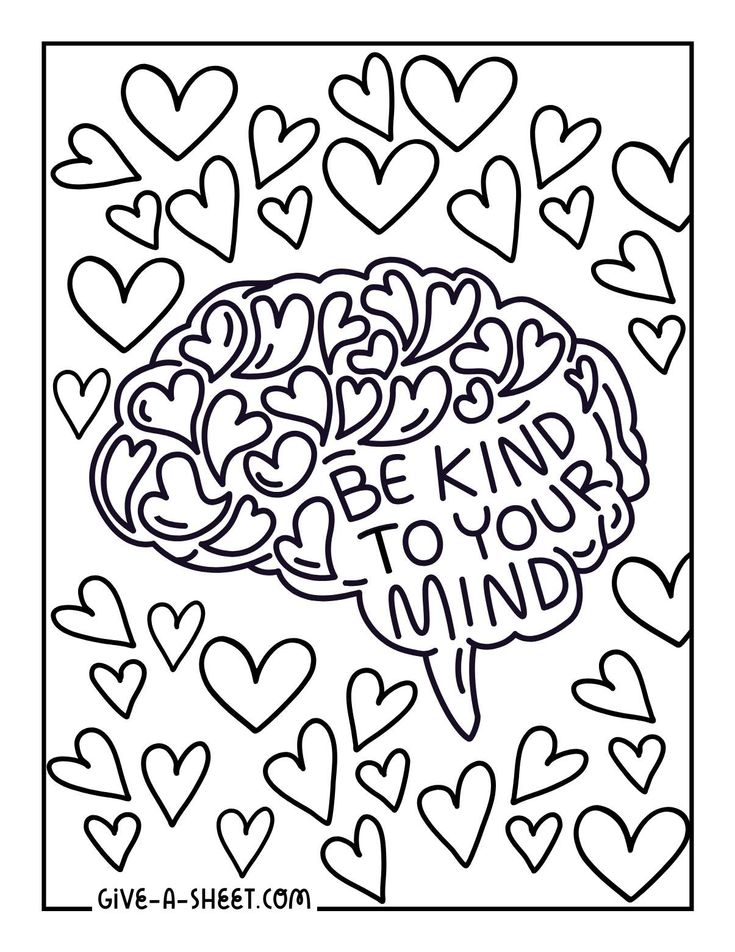 a coloring page with hearts and words