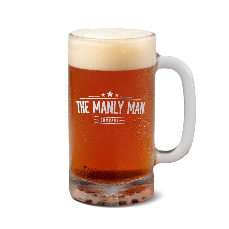 a beer mug with the manly man on it's front and side is shown