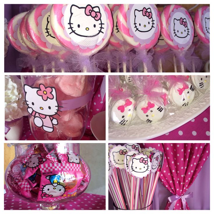 hello kitty themed birthday party with pink and white cake pops, candy lollipops