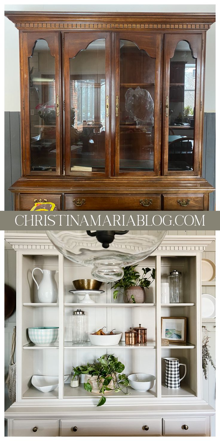 an old china cabinet is transformed into a dining room hutch