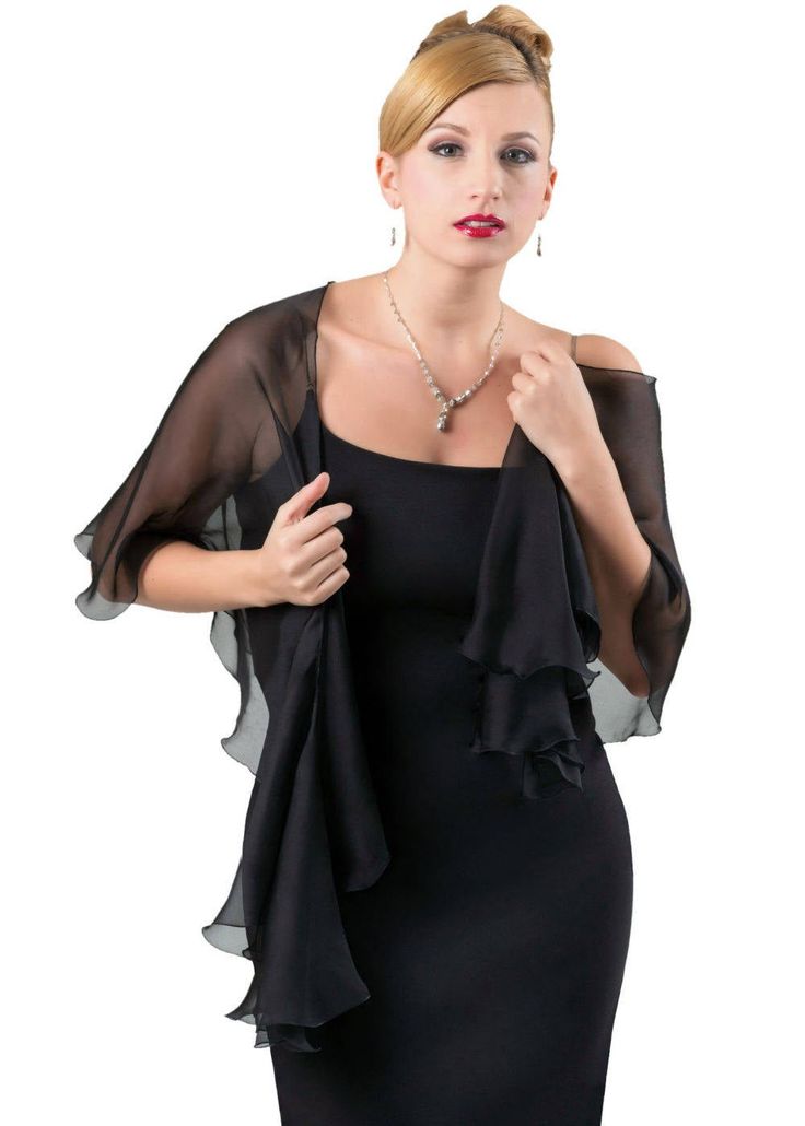 "This unique formal wrap is made in a curved shape, which creates a beautiful falling cascade of fluttering ruffles. With this wrap you have unlimited freedom for your creative ideas. This airy delicate and sheer scarf. deep black shimmery color can be a complement to any formal attire and can be worn with your business suit as a neckpiece. Black looks incredibly good in combination with other colors. Black is classy and a classic color, which is always in style. A great accessory for black-and- Wedding Shawls, Dressy Jeans, Evening Wrap, Evening Wraps, Silk Chiffon Scarves, Sheer Scarf, Wrap Shawl, Cocktail Evening Dresses, Shawl Scarf