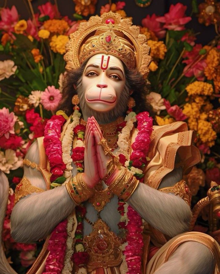 a statue of a monkey with flowers around it's neck and hands in front of him