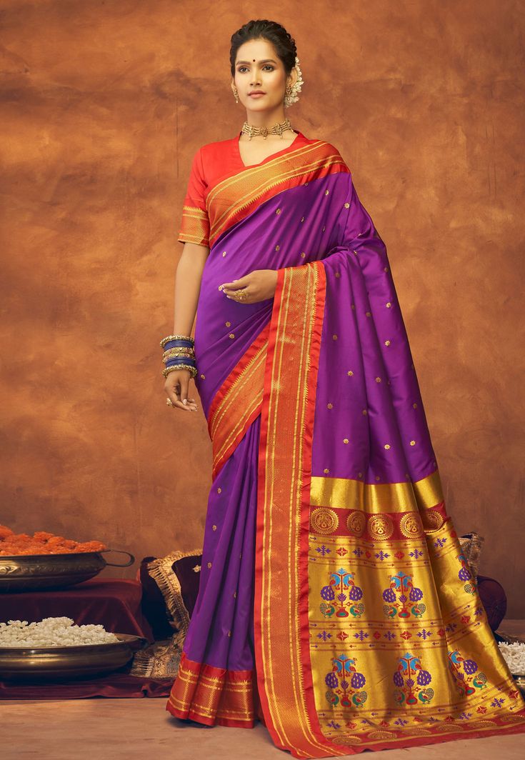 Silk paithani Saree in Purple colour 42004  Desc:  Style : Paithani Saree Color : Purple Fabric : Silk Wash Care : Dry clean Sleeve Style : Half Sleeve Long Sleeves : Done only in Custom Stitch Sleeves Lining : Done only in Custom Stitch Bust Size : 32 to 42 Inches Occasion : Temple Wear   Social Gathering   Pongal   Gudi Padwa   Onam   Ugadi. With Express Free Shipping and Custom Stitching, Buy Indian Party wedding wear Bridal Sarees Silk paithani Saree in Purple colour 42004 online in USA, UK Designer Party Wear Saree, Diwali Dresses, Buy Designer Sarees Online, Gudi Padwa, Paithani Saree, Sarees Silk, Simple Sarees, Sunflower Yellow, Wedding Saree Indian