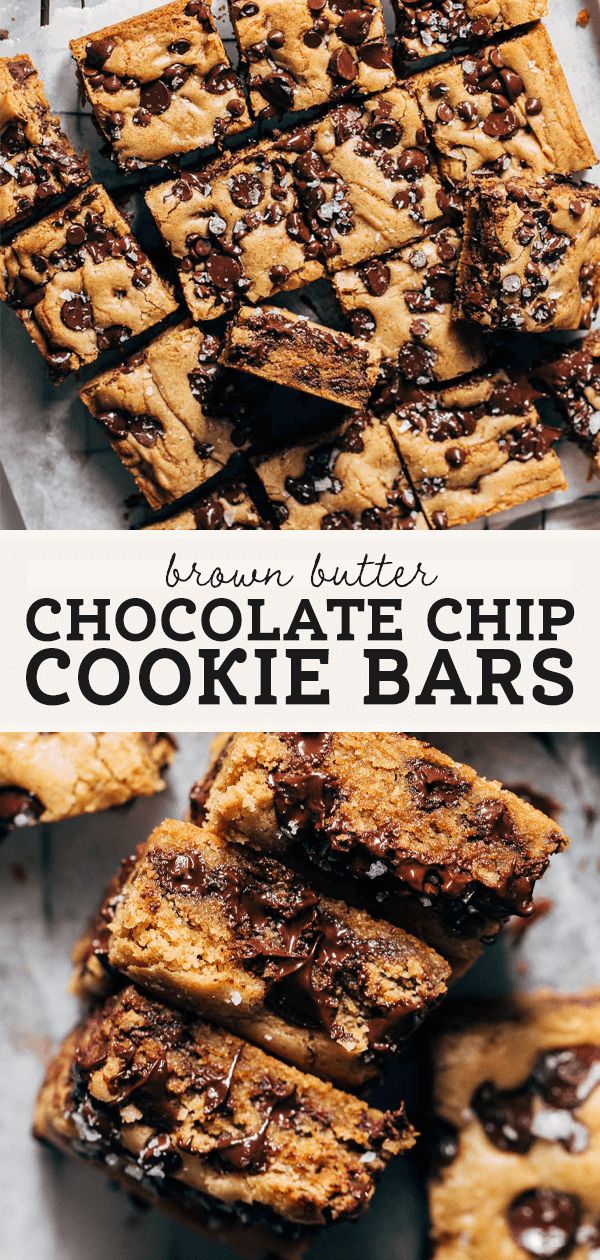 brown butter chocolate chip cookie bars stacked on top of each other with text overlay