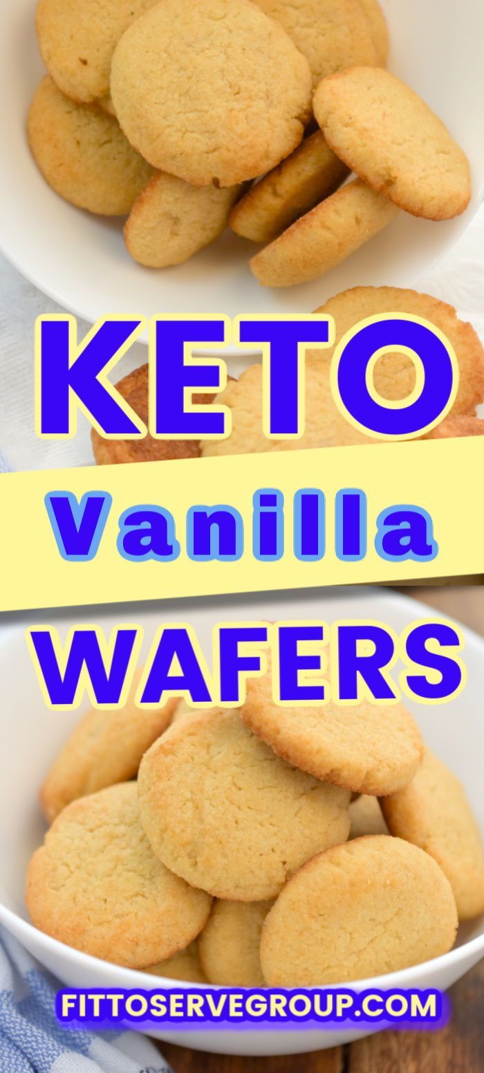 keto vanilla wafers in white bowls on a wooden table with text overlay