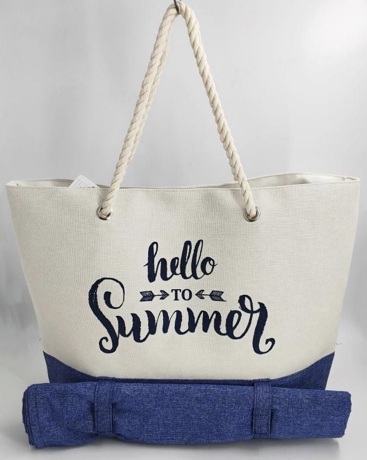 a white and blue bag with the words hello to summer on it