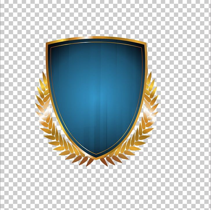 a blue shield with gold laurels on it, against a white background png clipart