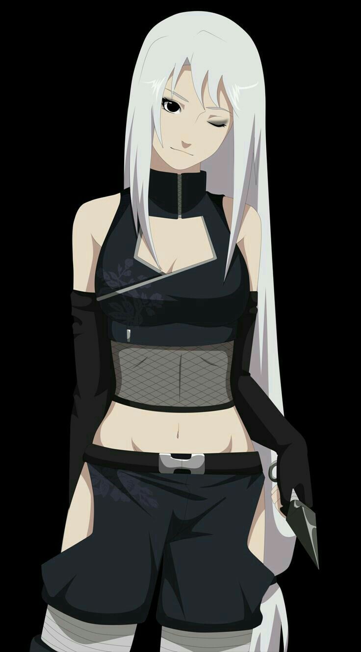 an anime character with white hair and black clothes, holding a knife in her hand