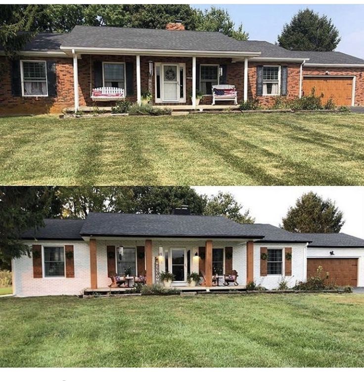 before and after pictures of a house in the middle of a yard with grass on both sides