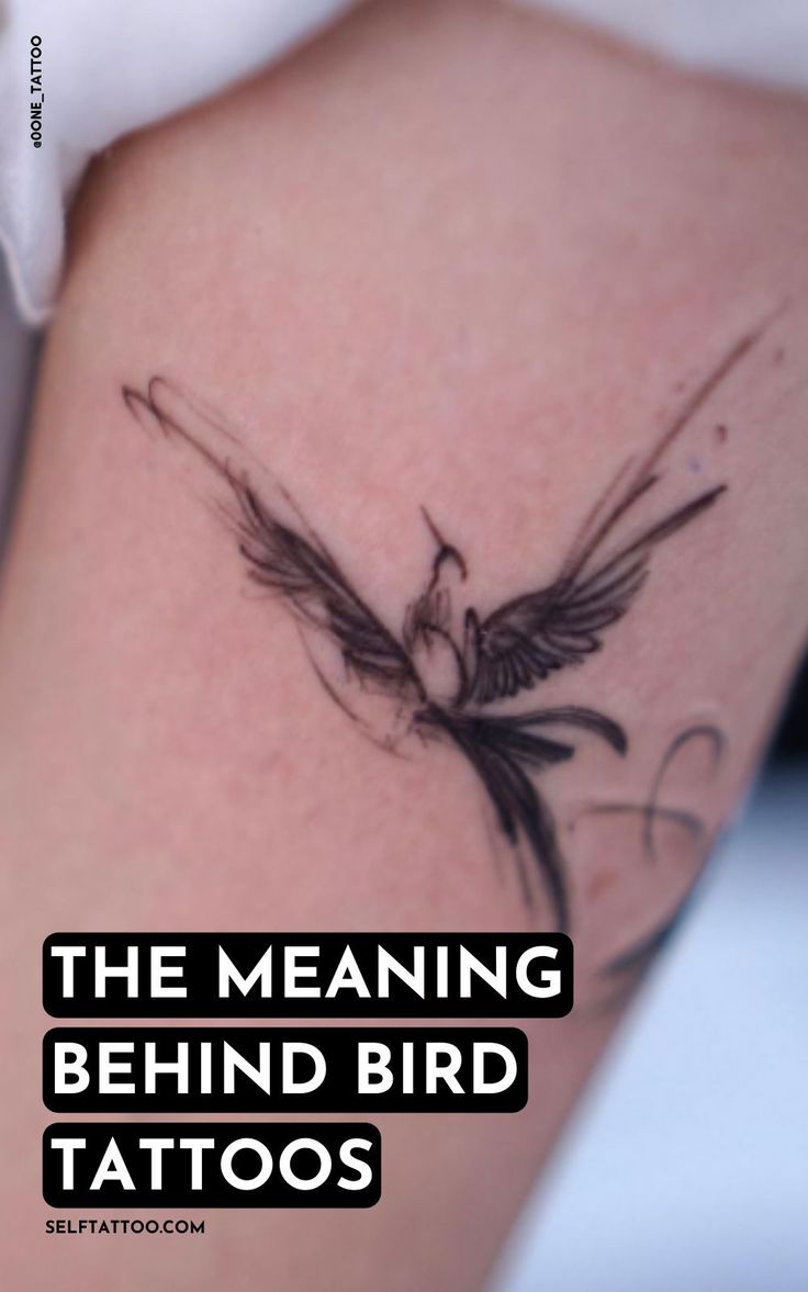 the meaning behind bird tattoos on someone's arm and leg, with text overlaying it