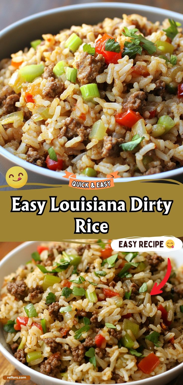 two different pictures of rice and vegetables in a bowl with the words easy louisiana dirty rice