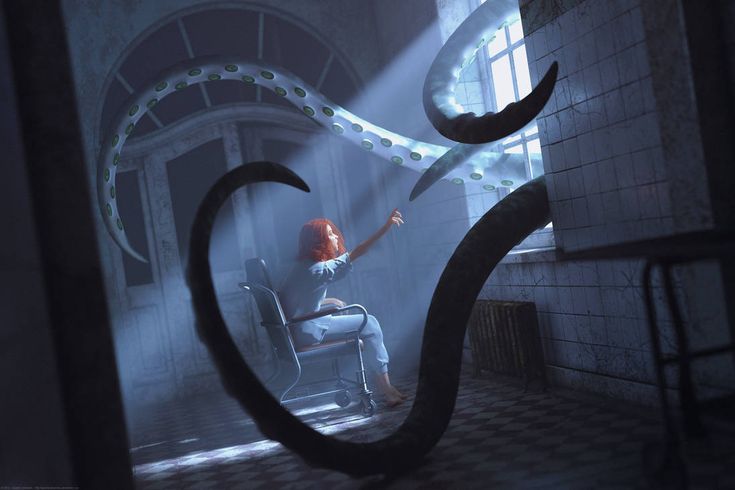 a woman sitting on a chair in a room with an octopus crawling out of the window