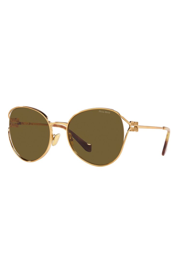 Polished metal frames add a glamorous vibe to Italian-made sunglasses with tinted lenses and signature logo hardware at the temples. 58mm lens width; 20mm bridge width; 125mm temple length 100% UV protection Adjustable nonslip nose pads Metal Made in Italy Gold Metal Sunglasses With Gradient Lenses, Formal Metal Sunglasses With Gradient Lenses, Classic Gold Cat Eye Sunglasses For Formal Occasions, Elegant Metal Sunglasses With Tinted Lenses, Miu Miu Sunglasses With Gradient Lenses For Formal Occasions, Chic Miu Miu Sunglasses For Formal Occasions, Elegant Miu Miu Formal Sunglasses, Formal Elegant Miu Miu Sunglasses, Elegant Gold Aviator Sunglasses With Uva Protection