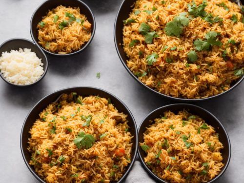 four black bowls filled with rice and garnished with cilantro