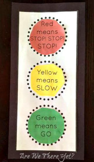 three stickers on the side of a door that say stop, yellow means slow and green means go