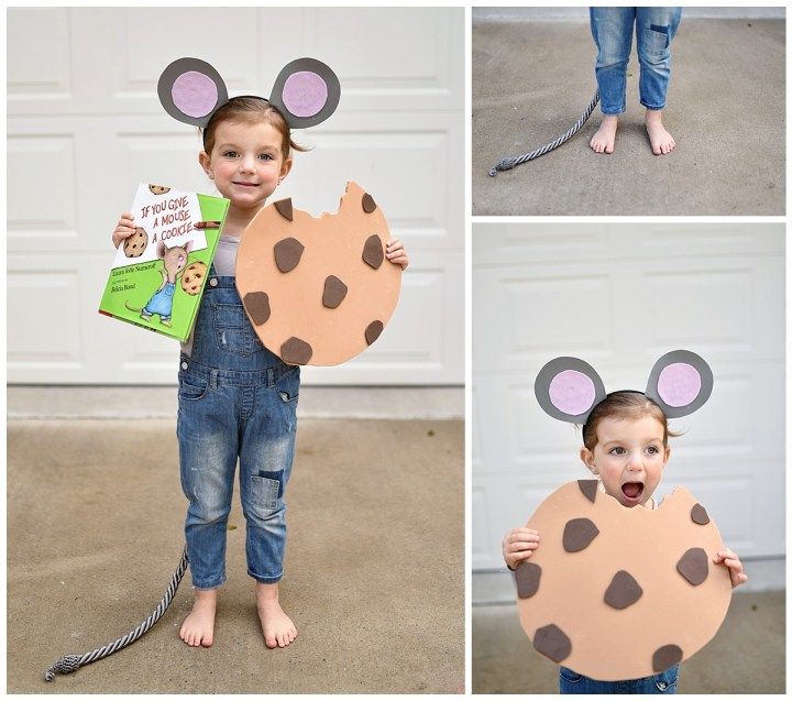 three pictures of a child wearing mouse ears and holding a book