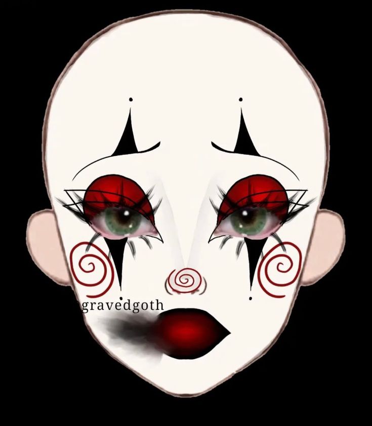 credit @gravedgoth if you use as inspo Cute Clown Makeup Red And Black, Red Black And White Clown Makeup, Red And Black Jester Makeup, Black White And Red Clown Makeup, Red Black Clown Makeup, Makeup Looks Creative Cool, Black And Red Clown Outfit, Clown Makeup Template, Vampire Clown Makeup