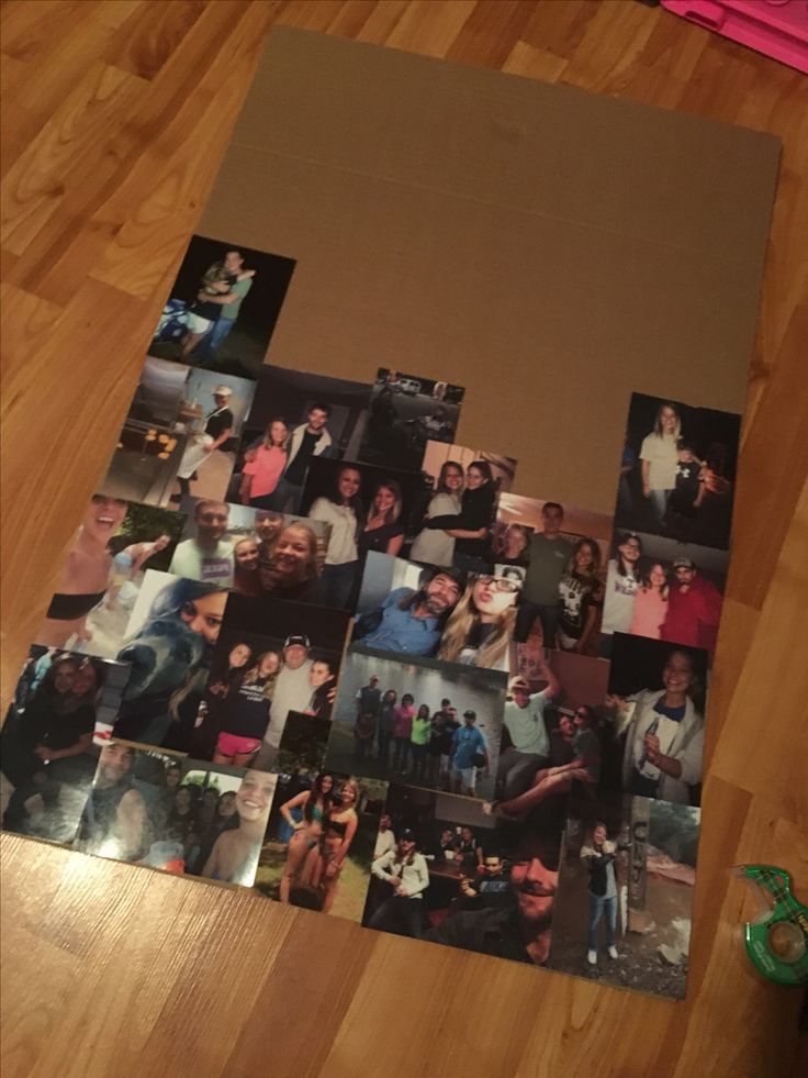 a collage of photos is laying on the floor