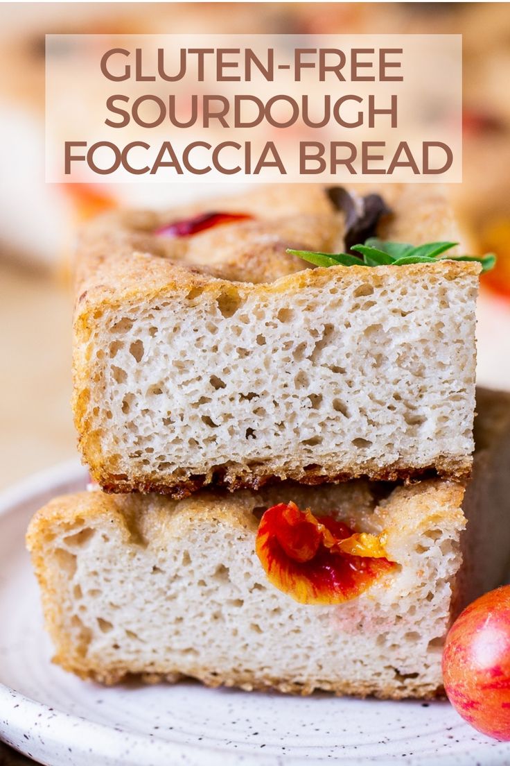 two slices of gluten - free sourdough focaccia bread on a plate