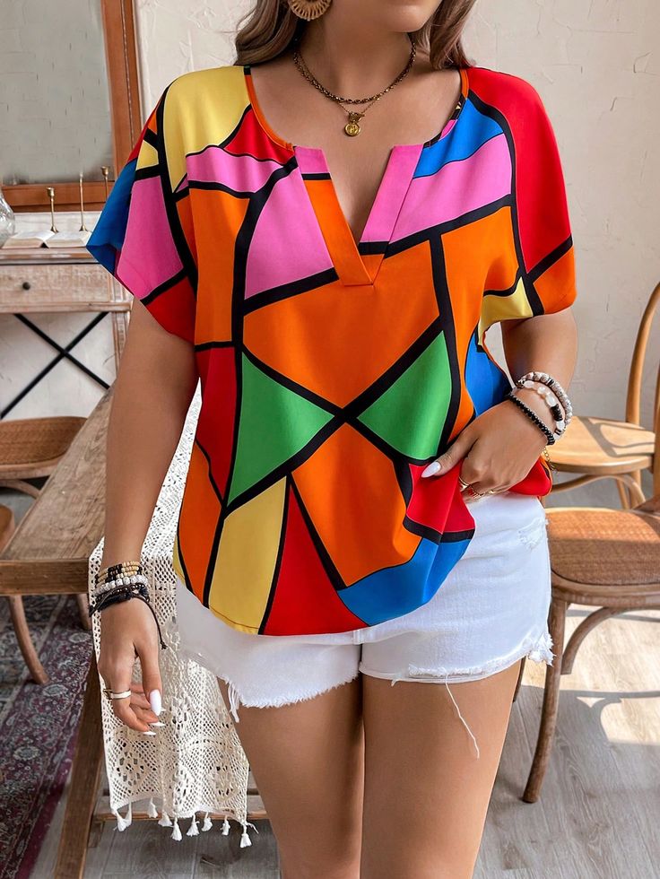 Multicolor Casual Collar Short Sleeve Fabric Colorblock,Geometric,All Over Print,Random Print Top Embellished Non-Stretch  Women Plus Clothing Batwing Sleeve Shirt, Plus Size Blouses, Kids Beachwear, Batwing Sleeve, Plus Size Tops, Maternity Bag, Print Tops, Shirt Sleeves, Plus Clothing