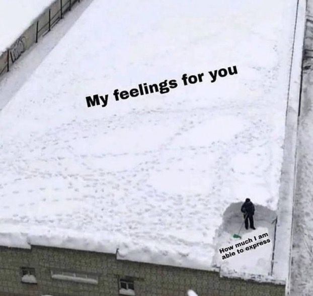 a man standing on top of a snow covered roof next to a building with the words, my feelings for you