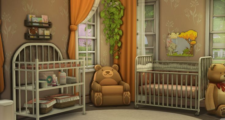 a baby's room with teddy bears and cribs