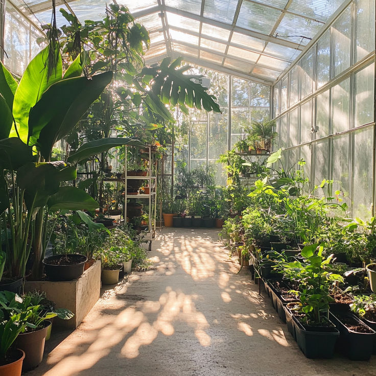 the inside of a greenhouse with lots of plants growing in pots and potted plants