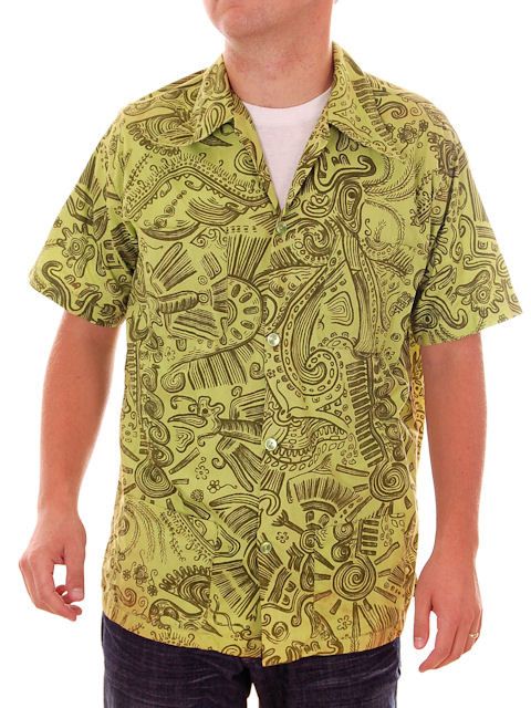 Vintage Mens Shirt Hawaiian Style Tribal Print Green 1970s Med Retro Green Short Sleeve Shirt For Summer, Green Retro Short Sleeve Shirt For Summer, Green Short Sleeve Camp Shirt With Pockets, Green Casual Shirt With Vintage Print, Casual Green Shirt With Vintage Print, Green Printed Short Sleeve Shirt, Green Casual Shirt With Retro Print, Casual Green Shirt With Retro Print, Green Relaxed Fit Camp Shirt With Camp Collar