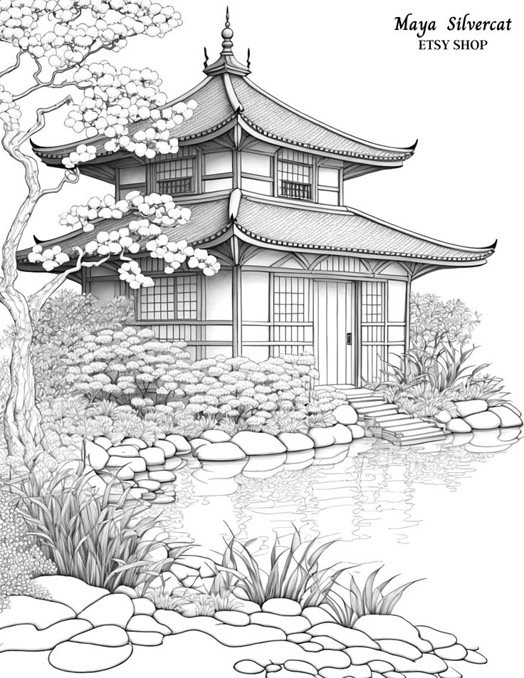 an ink drawing of a pagoda in the middle of a pond with rocks and trees around it