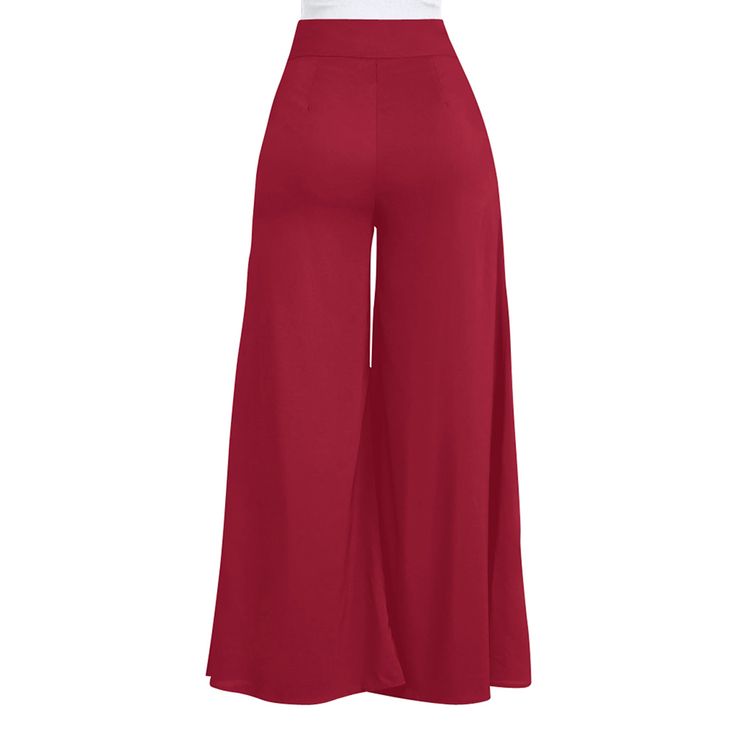 Red Pleated Wide Leg Long Pants Red Pants For Workwear, Non-stretch High Waist Burgundy Pants, Casual Burgundy Wide-leg Pants, Red Wide Leg Dress Pants For Spring, Chic Red Wide Leg Dress Pants, Non-stretch Red Pants, Red Solid Long Pants, Red Solid Color Long Pants, Red Solid Color Bottoms For Fall