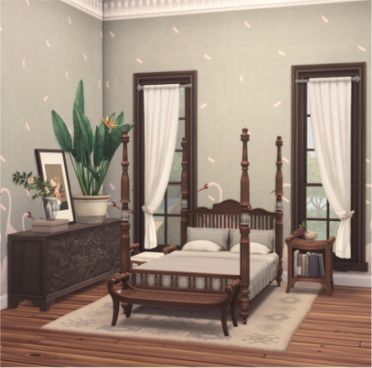 a bedroom with a bed, dresser, mirror and other items on the wooden floor