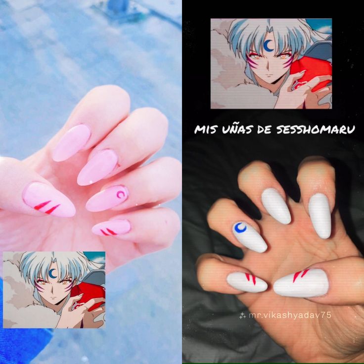 Character Design Nails, Inuyasha Nail Art, One Piece Nail Design, Inuyasha Nails, Simple Anime Nails, Anime Themed Nails, Anime Nail Ideas, Anime Nail, Nail Drawing