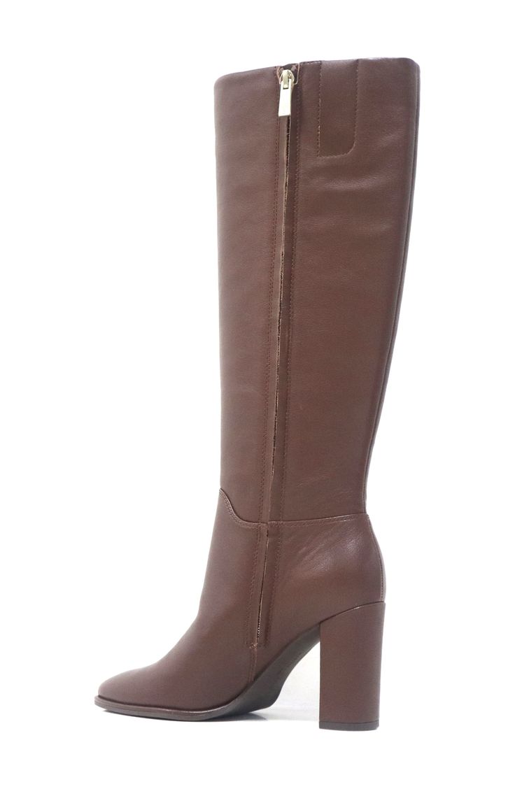 Minimal detailing brings wardrobe-spanning versatility to this comfortably cushioned knee-high boot framed with an almond toe and demi block heel. 3 1/4" heel 14 3/4" shaft; 14 1/2" calf circumference Cushioned footbed Leather upper/synthetic lining/rubber sole Imported Brown Tall Heeled Boots Medium Width, Brown Knee-high Heeled Boots With Zipper, Brown Tall Heeled Boots Medium Fit, Brown Knee-high Heeled Boots With Zipper Closure, Tall Heeled Boots For Office In Fall, Tall Heeled Boots For Office And Fall Season, Office Wide Calf Knee-length Heeled Boots, Brown Wide Calf Knee-high Boots With Zipper, Brown Knee-high Boots With Medium Width