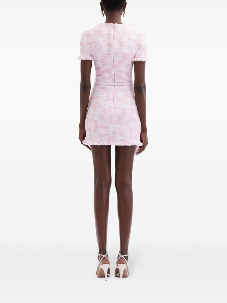 Oscar De La Renta Textured Tweed Draped Minidress - Farfetch Pink Fitted Mini Length Tweed Dress, Fitted Mini Tweed Dress For Summer, Spring Fitted Mini Length Tweed Dress, Fitted Pink Tweed Summer Dress, Summer Fitted Knee-length Tweed Dress, Fitted Knee-length Tweed Dress For Summer, Pink Fitted Knee-length Tweed Dress, Fitted Tweed Summer Dress, Yoko London