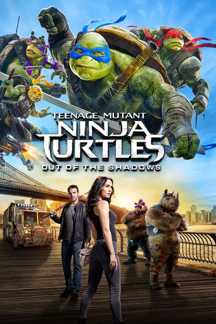 the poster for teenage mutant ninja turtles out of the shadows, featuring two women and one man