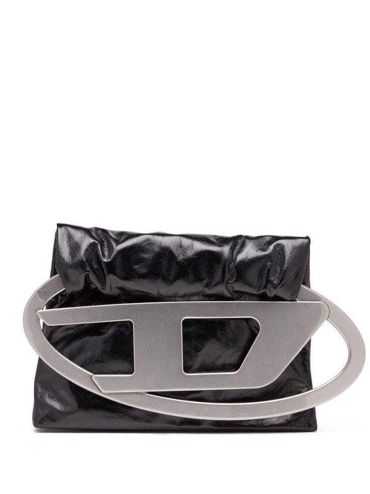 black calf leather crinkled finish logo plaque foldover top Diesel Logo, Chanel 2, Iconic Bags, Ballet Flat Shoes, Pump Sandals, Leather Pouch, Accessories Branding, A Logo, Mini Bag