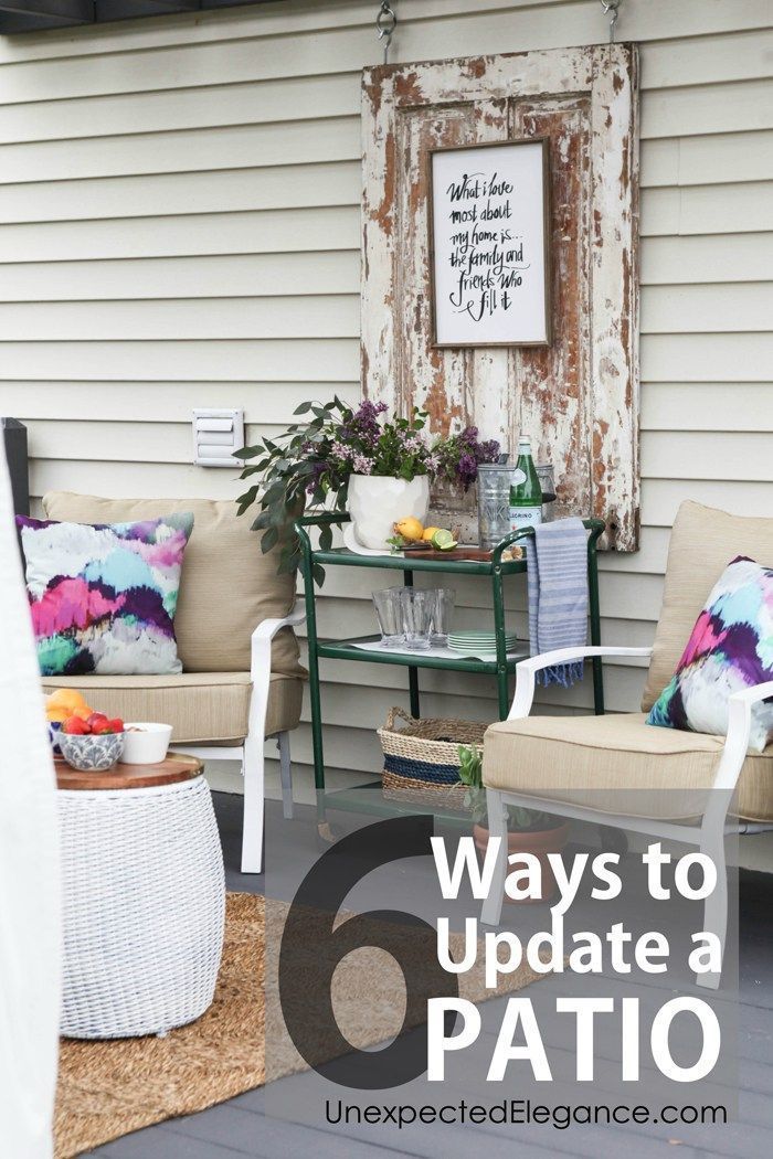 an outdoor patio with chairs, table and potted plants on the back porch text overlay reads 6 ways to update a patio