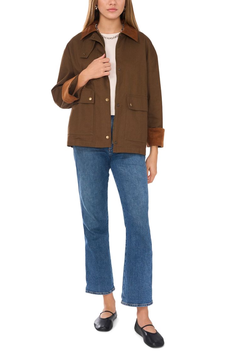 An oversized fit enhances the cozy feel of a structured cotton-twill barn jacket framed by a soft corduroy collar and cuffs. 26 1/2" length Front zip closure with snap storm placket Spread collar Front snap-flap patch pockets Unlined 100% cotton Dry clean Imported Brown Utility Shacket For Winter, Fall Utility Outerwear With Corduroy Collar, Brown Single Breasted Cotton Shacket, Brown Single-breasted Cotton Shacket, Brown Relaxed Fit Utility Jacket For Fall, Fall Utility Jacket With Corduroy Collar And Relaxed Fit, Classic Outerwear With Corduroy Collar And Relaxed Fit, Utility Shacket With Patch Pockets For Fall, Oversized Winter Shacket With Corduroy Collar