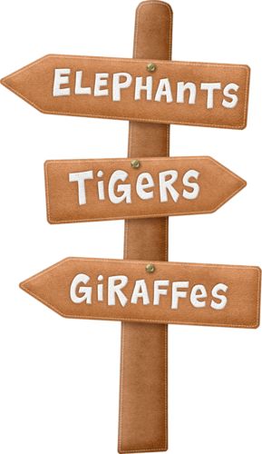 a wooden sign pointing to elephants, tigers and giraffes