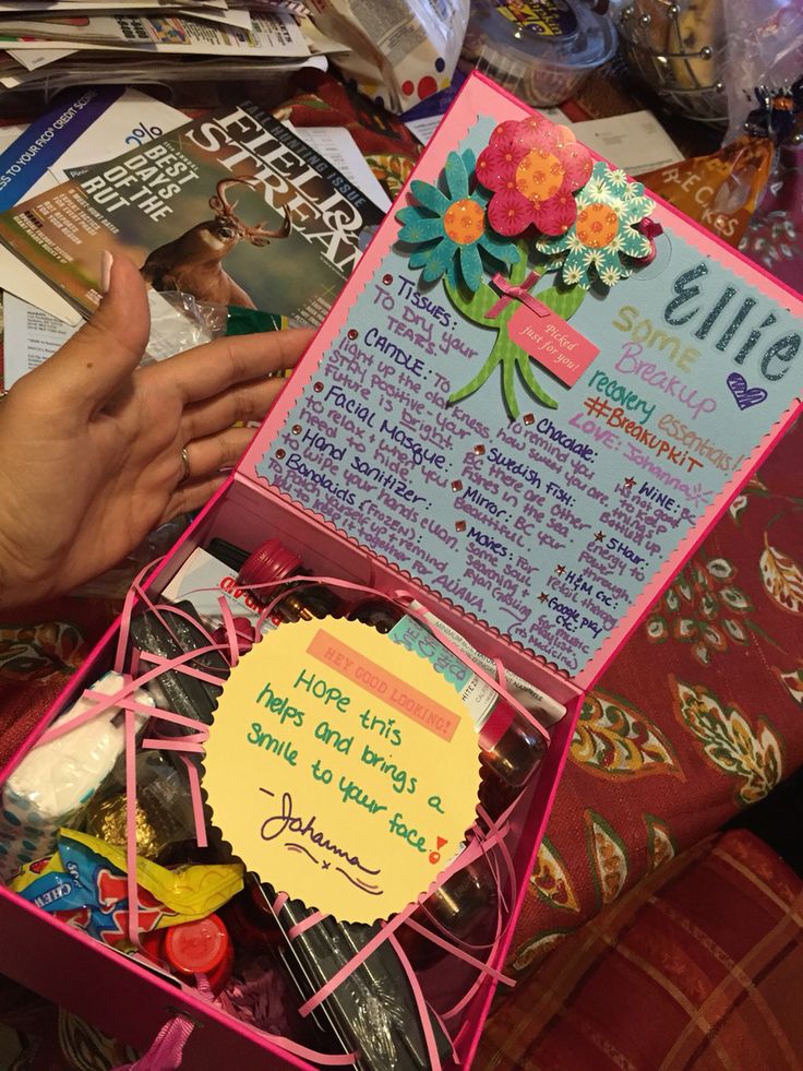 a pink box filled with lots of different types of items and writing on the inside