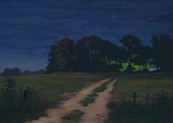 an oil painting of a dirt road at night