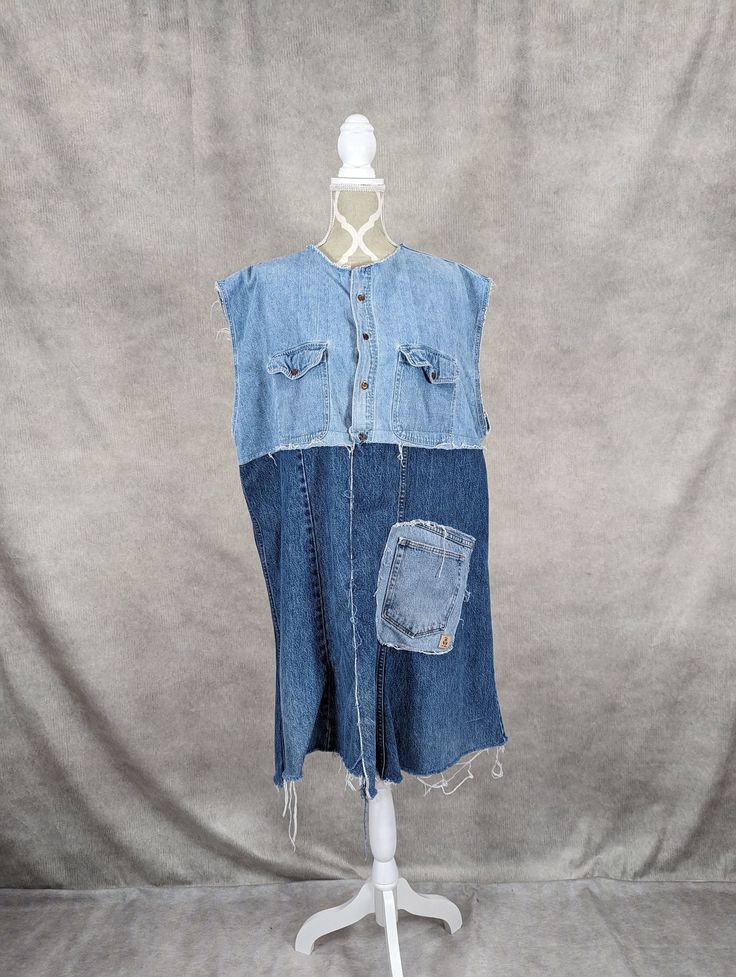 Upcycled denim dress with frayed seams and jagged hem. Bust measures 50". Length is approximately 40" from shoulder to hem. Frayed denim heart detail on the back. Upcycling Jeans, Recycle Jeans, Frayed Denim, Upcycled Denim, Dress Xl, Dress Clothes For Women, Xl Dress, Denim Dress, Dress Outfits