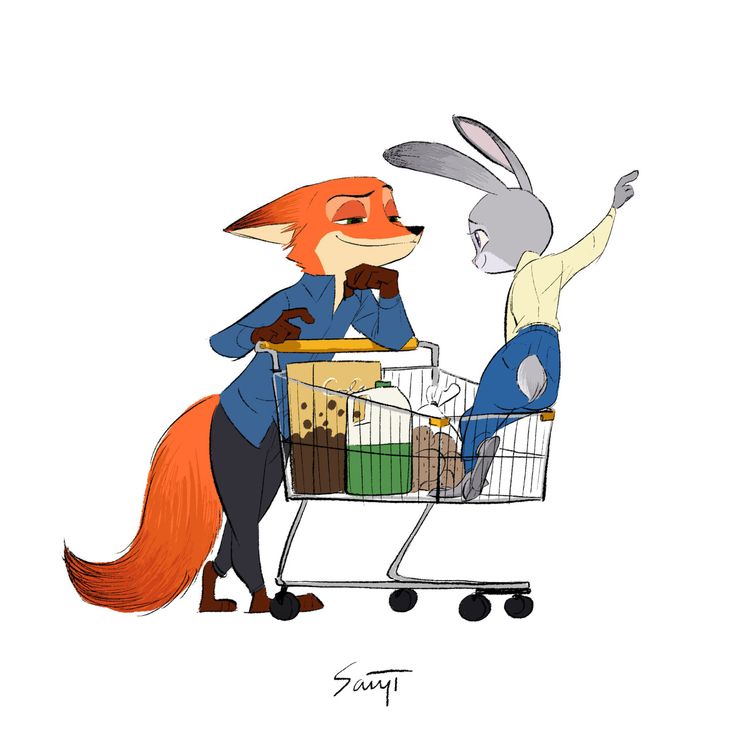 an image of a fox and rabbit pushing a shopping cart