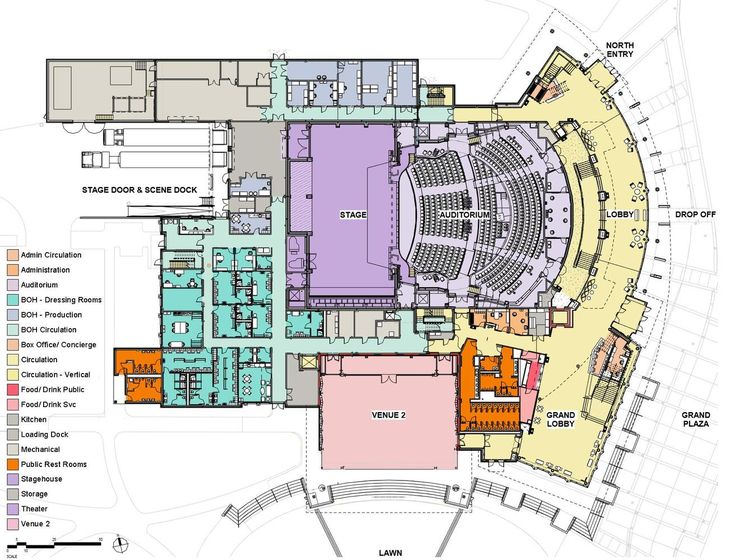 the floor plan for an auditorium, with seating areas in different colors and sizes on each side