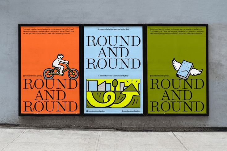 three posters on the side of a building advertising round and round, with an image of a man riding a bike