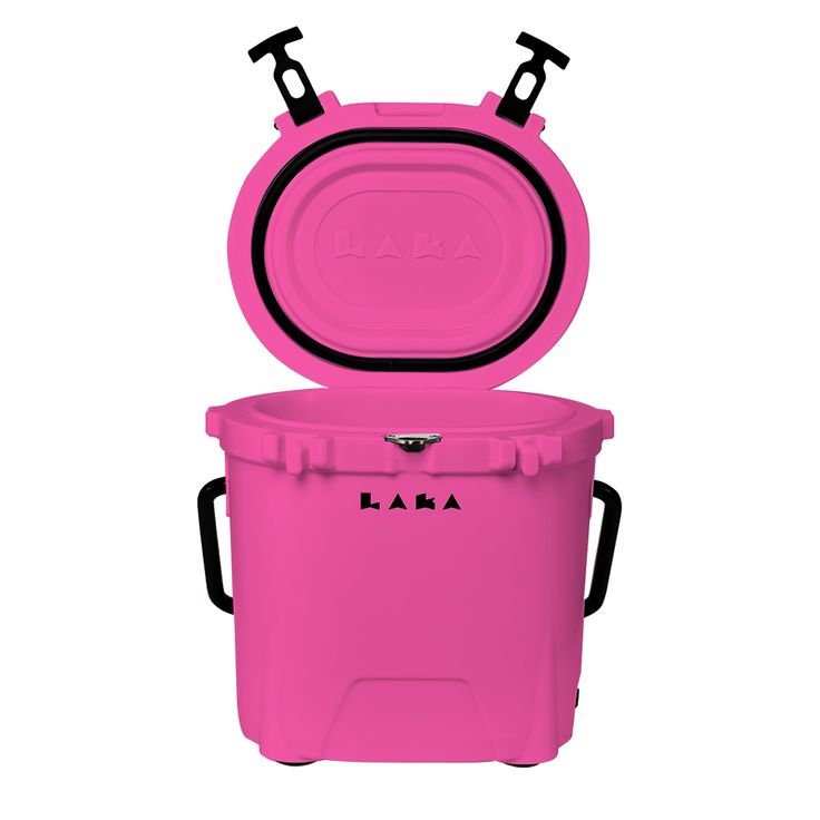 a pink cooler with the lid open and two handles on it's sides, in front of a white background